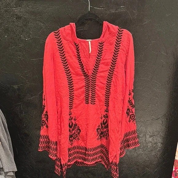 FREE PEOPLE Boho Embroidered Top Tunic or Mini Dress Hooded Swim Cover Up Red - Picture 7 of 15